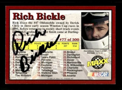 RICH BICKLE SIGNED 1992 MAXX RED #77 - NASCAR ON-CARD AUTO - Image 1 of 2