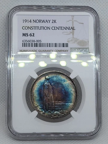 1914 Norway 2K Kroner Constitutional Centennial NGC MS62 Monster Toned GEM Cover