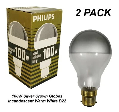 2 x 100W Silver Crown Light Globes Bulbs Lamps B22 Bayonet Incandescent Pearl - Image 1 of 4