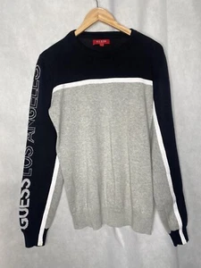 Guess Mens Spell Out Knit Sweater Black Gray Crew Neck Size Large See - Picture 1 of 14