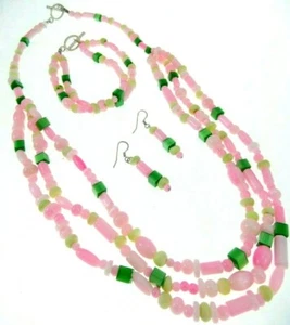4pc Set Vintage Pink Green Beaded Moonglow 24" Necklace Bracelet & Earrings - Picture 1 of 2