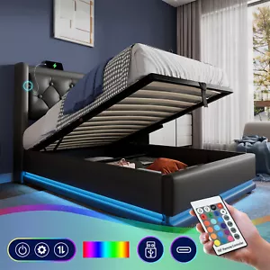 Kunstlederbett 90x200 Polsterbett mit Stauraum Bettkasten und LED-Licht Schwarz - Bild 1 von 13
