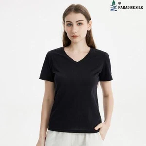 Camiseta suelta con base tejida de seda/algodón para mujer verano manga corta V N... - Imagen 1 de 9