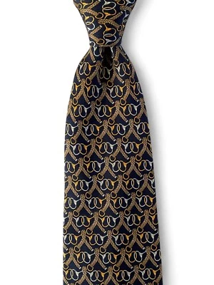 Longchamp Paris 男式 100% 真丝领带海军蓝马术链钻头领带意大利 — 第 1/4 张图片