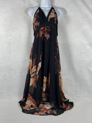 Vestido maxi feminino White House Black Market 10 preto halter alto baixo floral Y2K - Imagem 1 de 4