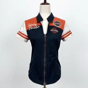 Harley Davidson Top Womens S Black Orange Zip Up Garage Mechanic Biker Grunge - Picture 1 of 17