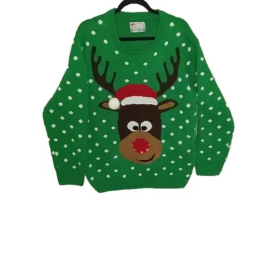 Lighted Ugly Christmas Rudolph Reindeer Green White Pokdots Heavy Sweater US 2X - Image 1 of 4