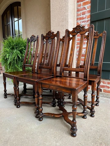 Set 6 Antique French Provincial Country Style Dining Chairs Carved Oak Cover