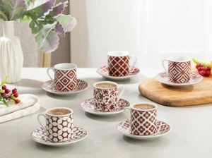 Porcelain Tea Coffee Cup Saucer Set of 6, Turkish Greek Arabic Espresso Cup Set - Picture 1 of 3