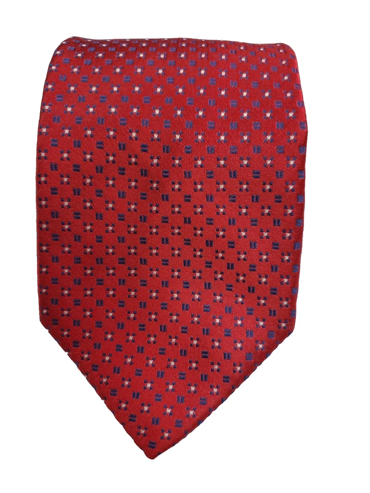 Dormeuil Men's Silk Necktie Deep Red w/Blue & White Dots & Shapes 59" L x 3.75 W - Image 1 of 4