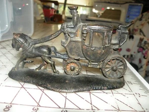 VTG CAST IRON STAGECOACH 2 HORSES BOOK END DOORSTOP SIGNED CHAMPION GENEVA 8" - Picture 1 of 5