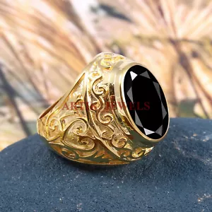 Naturale Onice Nera Gemma Placcato Oro 925 Argento Sterling Anello per Uomo # - Foto 1 di 3