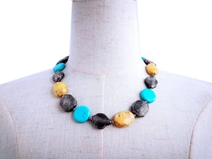 oval yellow howlite blue coin Magnesite antique tibet silver beads necklace 20" - Imagen 1 de 6