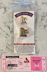 Mark McGwire's 500th Home Run Pin 1999 St Louis Cardinals With Unused Ticket - Picture 1 of 6