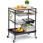 Toolf Kitchen Island Serving Cart With Utility Wood Tabletop 4-Tier Rolling S...