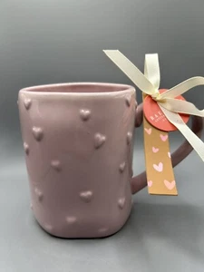 Rae Dunn PINK Mug With Raised Hearts All Over Heart Handle Valentine’s Day NEW - Picture 1 of 5