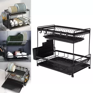 2 Tiers Dish Drainer Rack With Drip Tray Kitchen Drying Rack Bowl Plate Holder - Picture 1 of 19