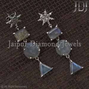 Dangle Earring Natural Pave Diamond Labradorite Gemstone 925 Silver Earring - Picture 1 of 10