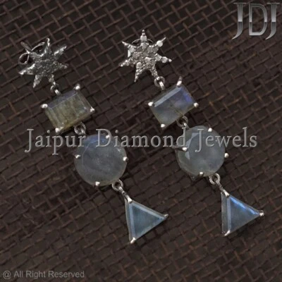 Dangle Earring Natural Pave Diamond Labradorite Gemstone 925 Silver Earring - Image 1 of 4