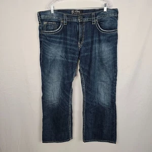 Pantalones de mezclilla rectos plateados Zac con solapa para hombre 40 x 28 (etiqueta lee 40x30) azul lavado oscuro - Imagen 1 de 19