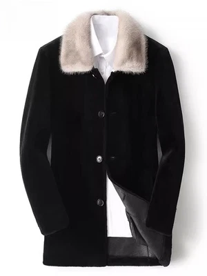 Mens Lamb Wool Fur Jacket Long Leather Jacket Mink Fur Lapel Collar Winter Coat - Image 1 of 4