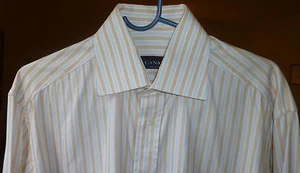 CANALI BLUE GOLD & WHITE STRIPED FRENCH CUFF DRESS SHIRT, SIZE 15, MI ITALY - Picture 1 of 10