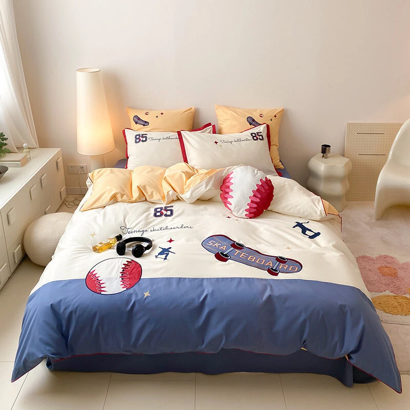 Whithe and Blue Boys Room Skating and Baseball Sport Duvet Cover  Bedding - Image 1 of 4