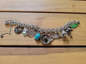 RARE VINTAGE STERLING SILVER TRAVEL CHARM BRACELET WITH 11 CHARMS 7.5" 45g - Picture 1 of 24