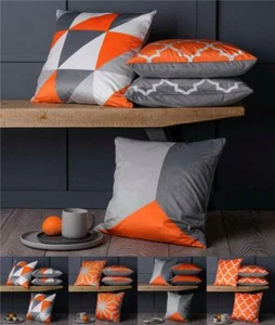 Set of 4 Orange & Grey Geometric 18" Cushion Covers Beautiful Super Soft Fabric! - Picture 1 of 6