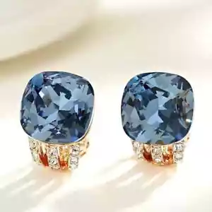18K Rose Gold Filled Made With SWAROVSKI Crystal Cushion Cut Omega Back Earrings - Picture 1 of 4