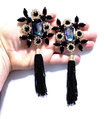 Pendientes CLIP ON Estrás Cristal Gran Tamaño Borla Negra Gota Araña 5.8 pulgadas Foto 1 de 4