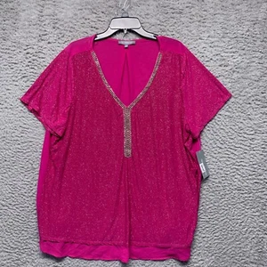 Ny Collection Blouse Womens Pink 3X Short Sleeve Embellished - Picture 1 of 7