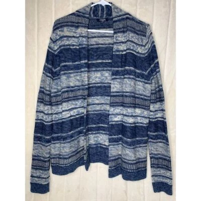 Chaps 开衫毛衣女式 M 码蓝色条纹针织开襟舒适冬季缺点 — 第 1/4 张图片
