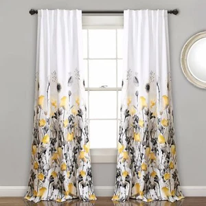 Set 2 Yellow Gray Grey Spring Floral Curtains Panels Drapes 84 inch L Darkening - Picture 1 of 5