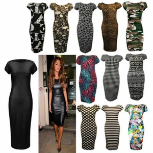Women Ladies Printed Jersey Stretch Crew Neck Bodycon Cap Sleeve Midi Dress 8-26 - Picture 1 of 10