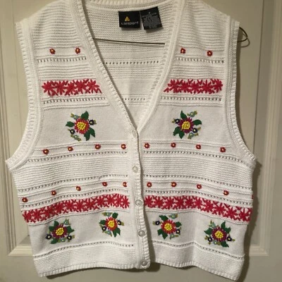 Chaleco Suéter Lizsport De Colección Blanco Mediano Bordado Rojo Flor Cuentas Navidad Foto 1 de 4