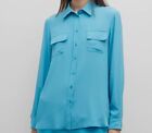 $256 Marella Women's Blue Caldaia Silk Button-Up Shirt Top Size 12