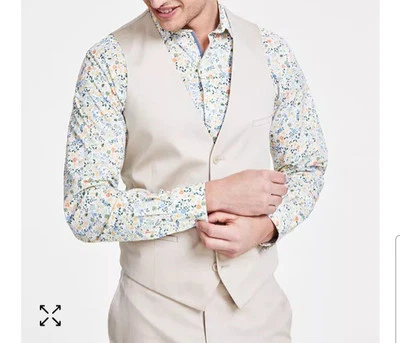 Bar III Men Slim Fit Button-Up Dress Vest Suit Large Tan Back Floral Print (EE) - Image 1 of 4
