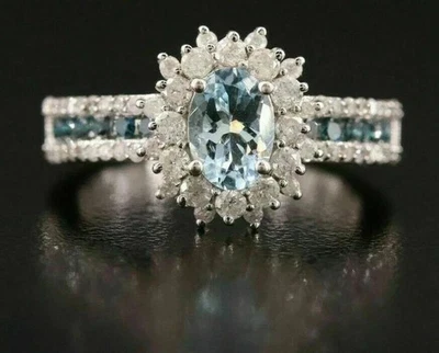 3 Ct Oval Cut Aquamarine & Diamond Halo Engagement Ring 14K White Gold Plated - Image 1 of 4