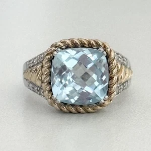 925 Sterling Silver & 14K Yellow Gold Genuine Blue Topaz & Diamonds Ring Size 6 - Picture 1 of 13