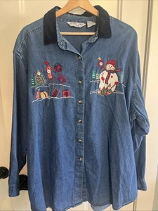 Vintage Victoria Jones Weihnachten Denim Knopfleiste Hemd blau Damen Übergröße 2X - Bild 1 von 5
