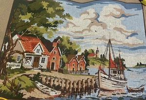 Printed Canvas Needlepoint Tapestry  Coastal Nautical Fishing Boat Vintage Villa - Picture 1 of 6