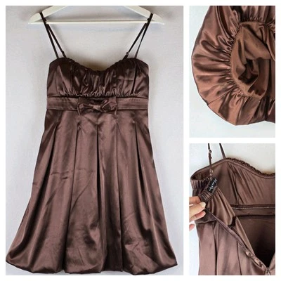 Ruby Rox Y2K Short Bubble Dress Spaghetti Strappy Medium Brown Bow HOCO Dance  - Image 1 of 4