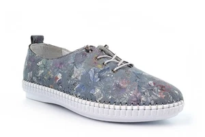Womens Leather Shoes Ladies Slip On Shoes Elasticated Comfort Insole Blue Flower - Picture 1 of 5