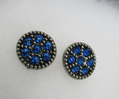 Vintage lot 2  royal blue rhinestone pressed silver metal buttons 1" diameter - Image 1 of 4