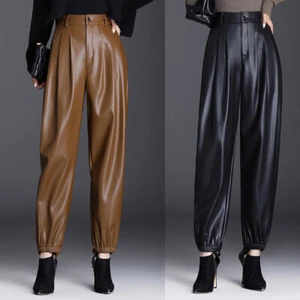 Damen Kunstleder Haremshose Locker Baggy Hohe Taille Thermal Hose Freizeit - Bild 1 von 13