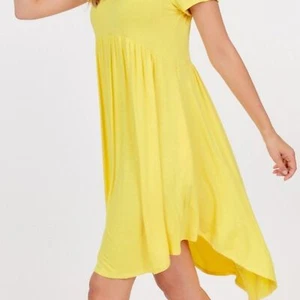Basic USA Vibrant Yellow Dresses S,M,L Pockets O'Neck Trapeze Swing Hi-Low Hem - Picture 1 of 7