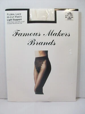 Famous Makers Brands Floral Lace Hi-Cut Pantyhose Light Support Sz P/M Ivory  - Image 1 of 4