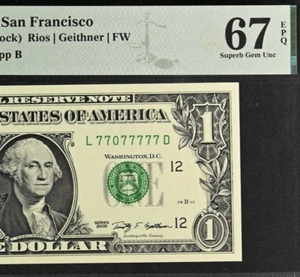 2009 $1 Federal Reserve Note PMG 67EPQ near solid lucky serial number 77077777 - Picture 1 of 3