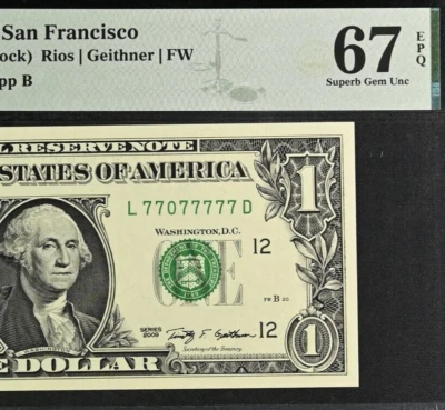 2009 $1 Federal Reserve Note PMG 67EPQ near solid lucky serial number 77077777 - Image 1 of 3